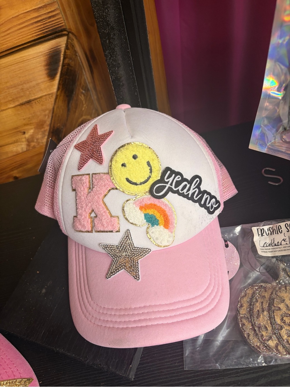 Pink Patchwork Trucker Hat with Smile, Rainbow & Stars